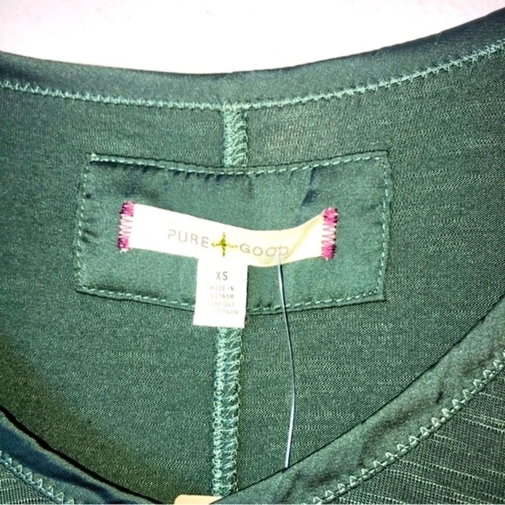 NWT Anthropologie Pure Good Moss Green Satin Trim Silk Feel Top XS Will fit S - Picture 7 of 12